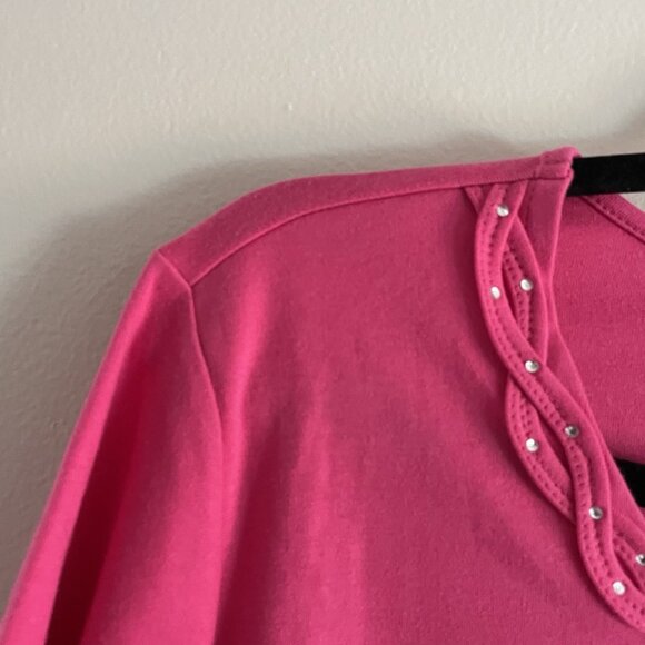 Quacker Factory Women L Pink Rhinestone Braided Sparkle 3/4 Sleeves T-Shirt NWT - Picture 7 of 11